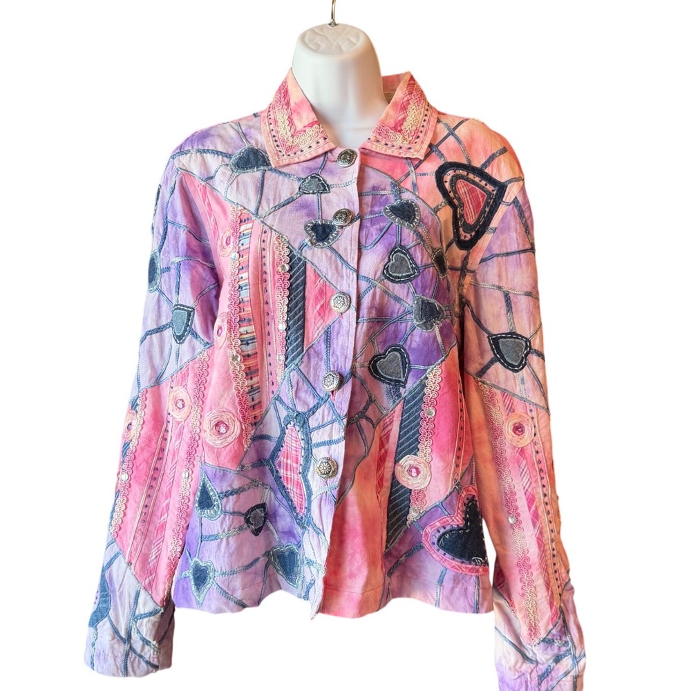 Carrie Allen Womens Size Large Jacket Pink Heart Embroidered Art to Wear